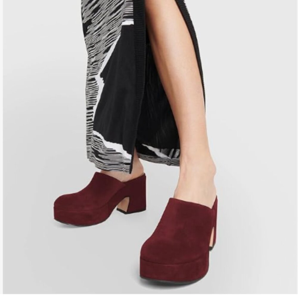 Pazzion Burgundy Platform Rounded Toe Mules Clogs Slip On Chunky Heel Slipper
